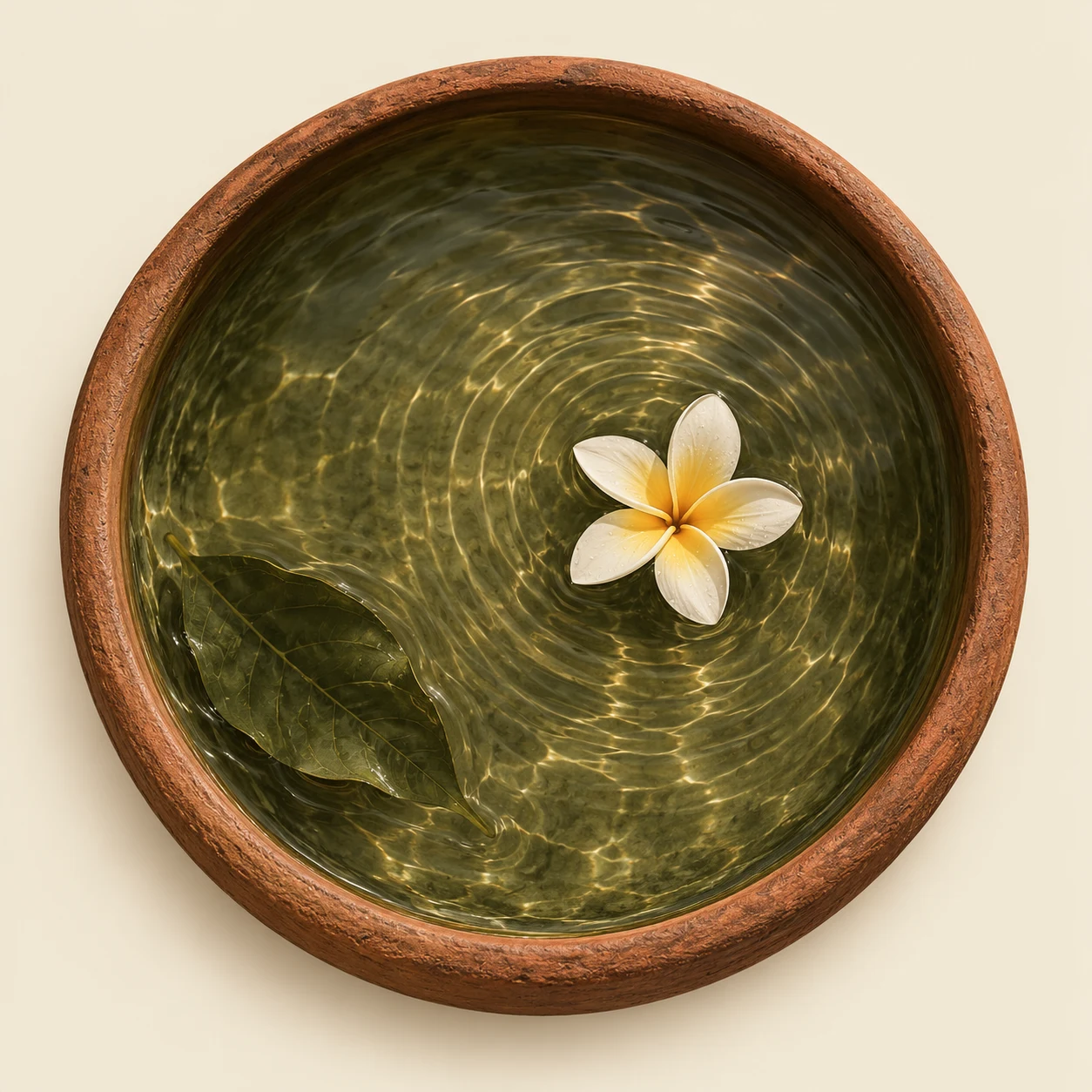 A whole terracotta vessel with olive water, a frangipani flower, and a submerged leaf.